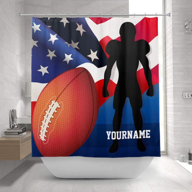 American Football Player Silhouette with US Flag Shower Curtain-0