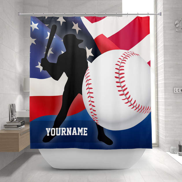Baseball Player Silhouette with American US Flag Shower Curtain