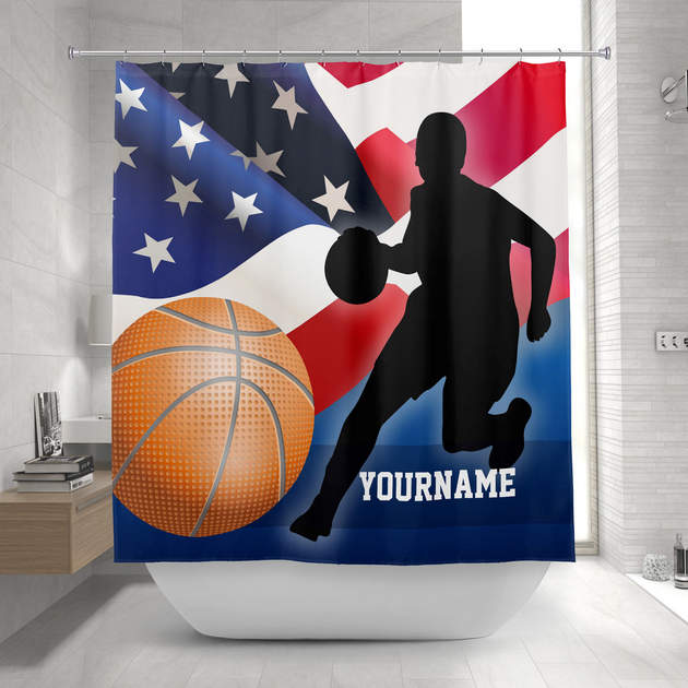 Basketball Player Silhouette with American US Flag Shower Curtain-0