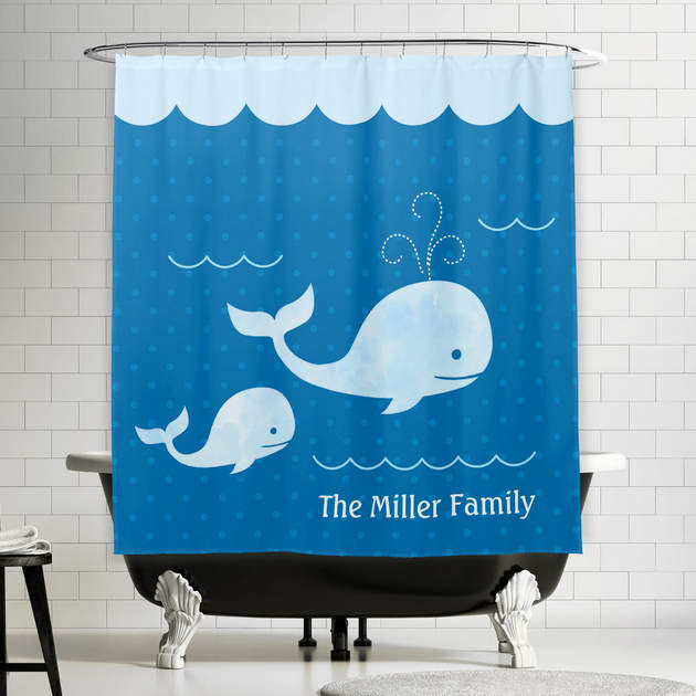 Cute Whale Family Blue Underwater Dots Shower Curtain-0