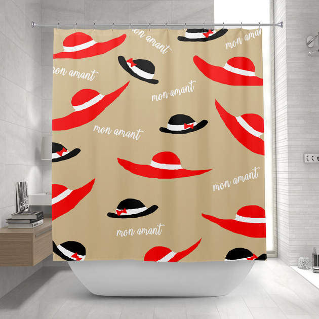 French Street Style Fashion Women Black Red Hats Shower Curtain