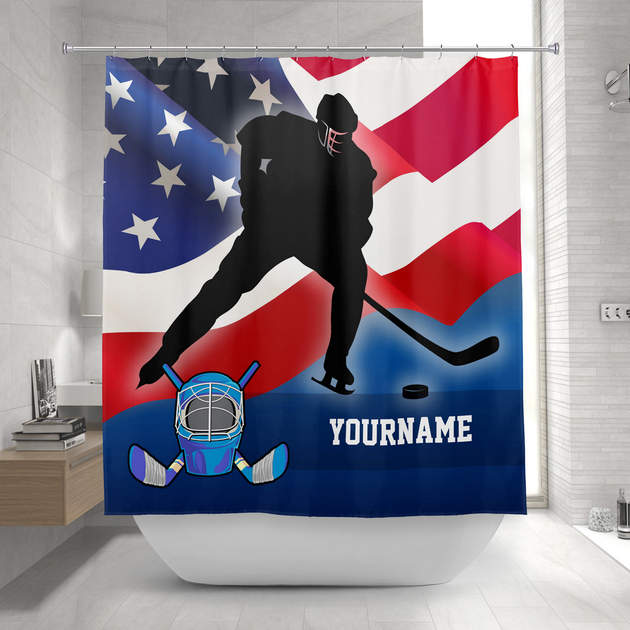 Ice Hockey Player Silhouette with American US Flag Shower Curtain