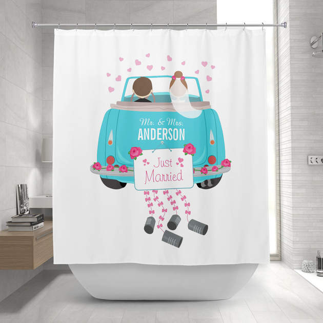 Just Married Bride and Groom Wedding Car Shower Curtain-0