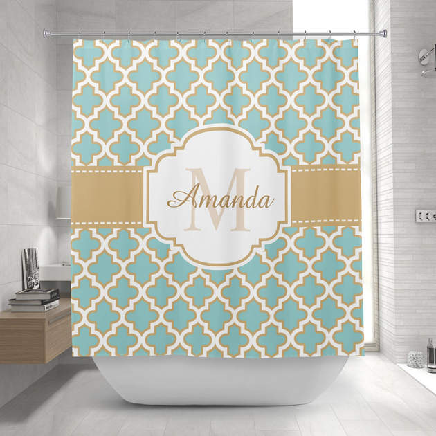 Moroccan Lattice Monogram Elegant Gold Teal Blue Shower Curtain-0