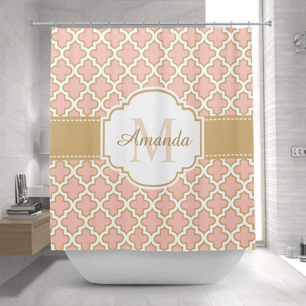 Moroccan Tile Pattern Classy Pink Coral Monogram Shower Curtain