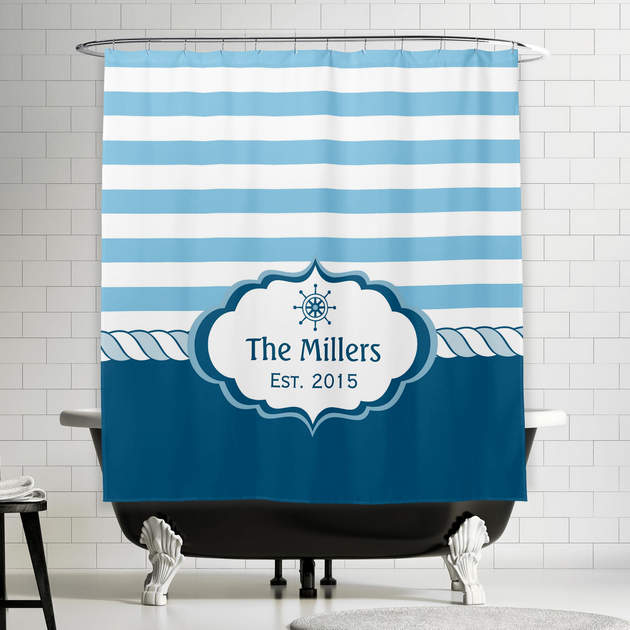 Nautical Navy Blue Stripes Helm Logo Personalized Shower Curtain-0