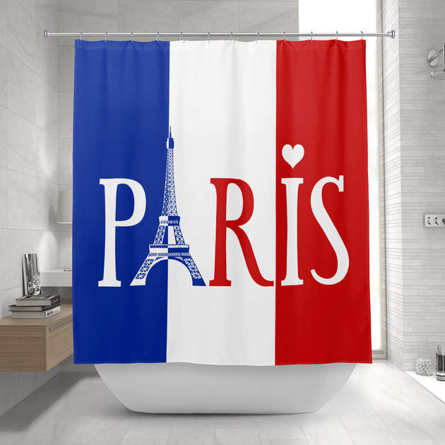 Paris Eiffel Tower Typography with France Flag Shower Curtain