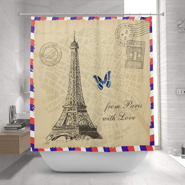 Vintage Paris City Map Old Air Mail Envelope Shower Curtain