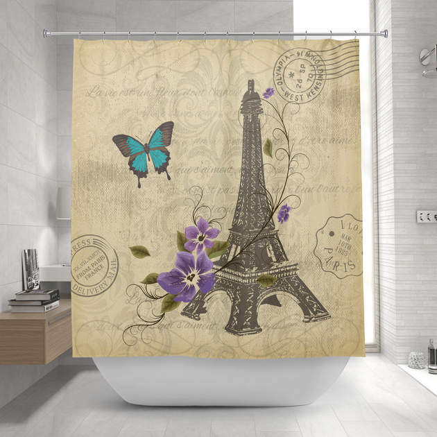 Vintage Paris Floral Eiffel Tower Butterfly Damask Shower Curtain