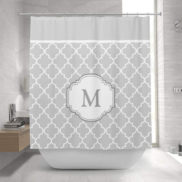 Classy Gray White Moroccan Tile Pattern Monogram Shower Curtain