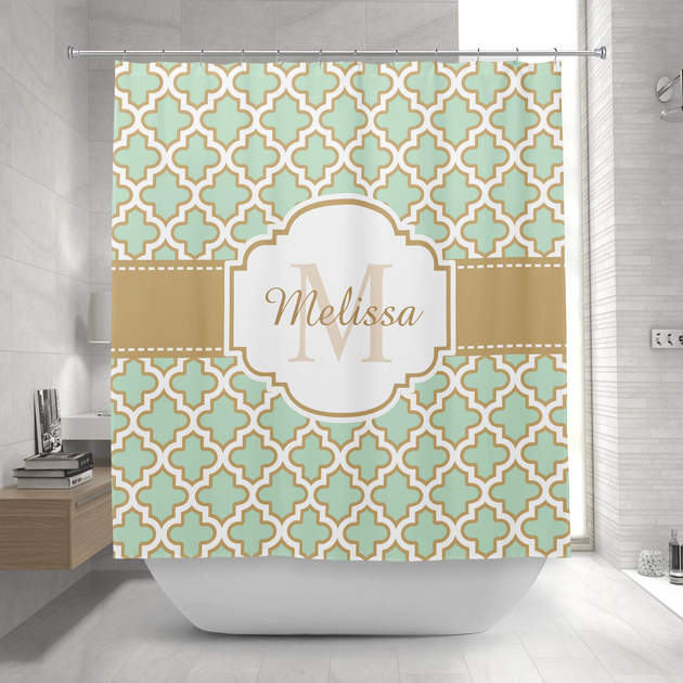 Retro Funky Moroccan Pattern Mint Green, Green White Gold Shower Curtain